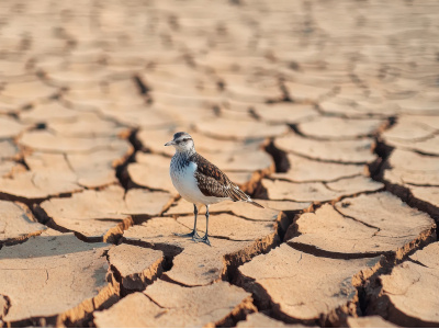 Pájaro sobre tierra agrietada por la sequía