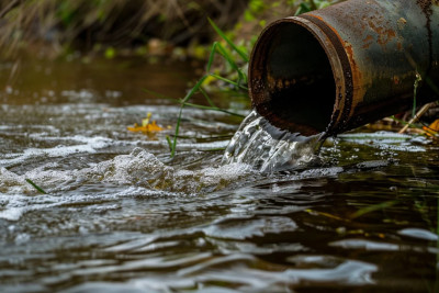 Tubería oxidada vertiendo agua contaminada en un río, representando la mezcla de agua gris y aguas negras