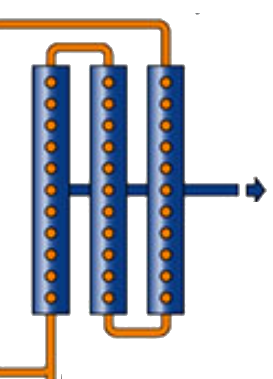 Croquis de cartuchos de ultrafiltración con fibras huecas mostrando el flujo de agua.