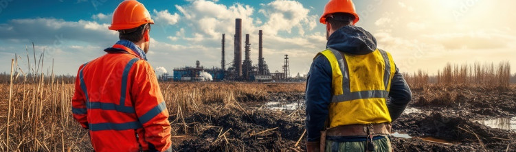 Ouvriers observant une usine industrielle dans un environnement naturel dégradé