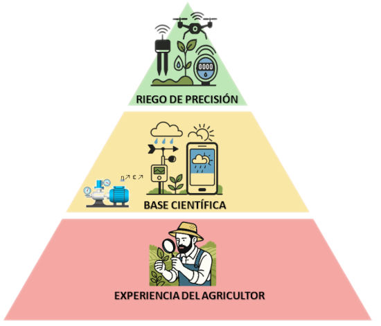 Infografía de la pirámide de la agricultura de precisión mostrando tres niveles: Experiencia del agricultor en la base, Base científica en el nivel intermedio y Riego de precisión en la cúspide, con sensores, datos y tecnología inteligente.