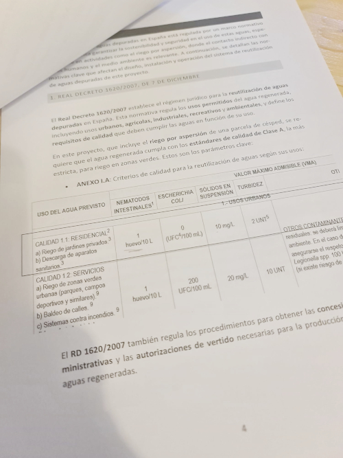 Mémoire technique avec données du Décret Royal 1620/2007 sur la réutilisation des eaux traitées - Conformité réglementaire garantie