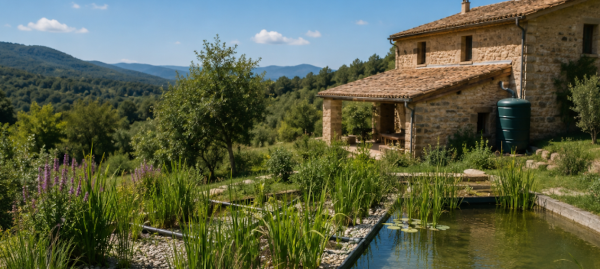 Système de réutilisation de l’eau et phytoépuration à côté d’une maison rurale en pierre avec bassin naturel et végétation filtrante.