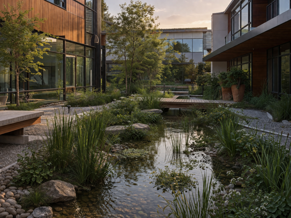 Edificio urbano con gestión sostenible del agua, vegetación integrada y soluciones hídricas inteligentes.