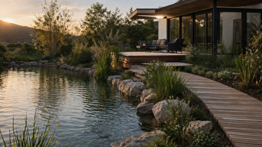 Paisajismo regenerativo con estanque natural, vegetación autóctona y terraza integrada en un ecosistema hídrico sostenible.